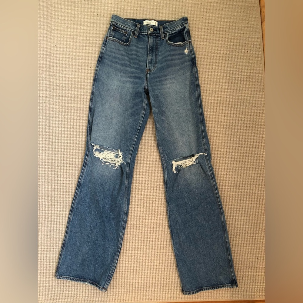 Abercrombie & Fitch Medium Blue Distressed Wide-Leg Jeans